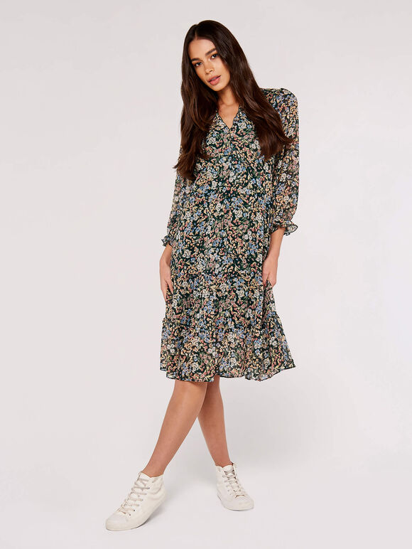 Ditsy Ruffle Chiffon Dress, Green, large