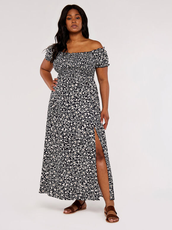 Curve  Floral Shirred Split Dress, Navy, large