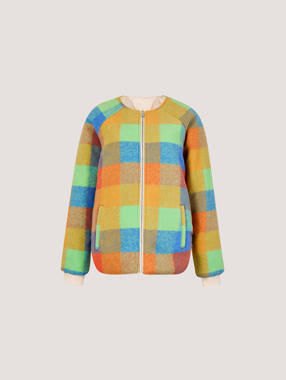 Reversible Check Fleece Quilted Jacket, Stone, large