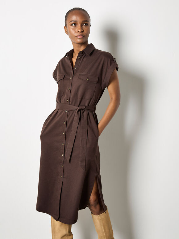 Cotton Slub Midi Shirt Dress, Brown, large