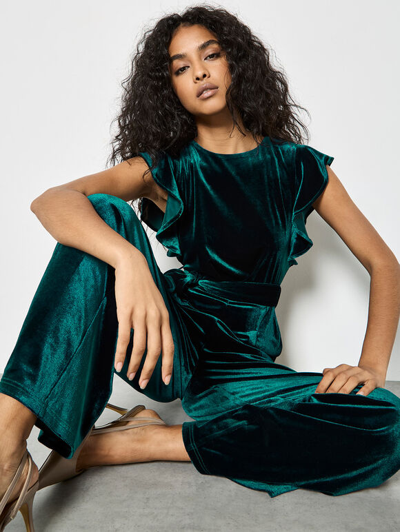 Wide Leg Velvet Ruffle Jumpsuit, Green, large