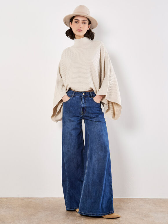 Horizontal Cable Knit Cape Jumper, Stone, large