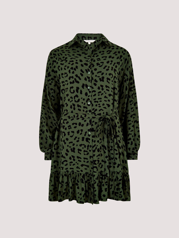 Leopard Print Shirt Mini Dress, Green, large