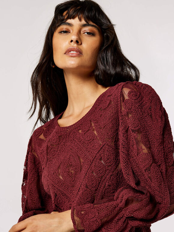 Cotton Embroidered Mesh Top, Burgundy, large