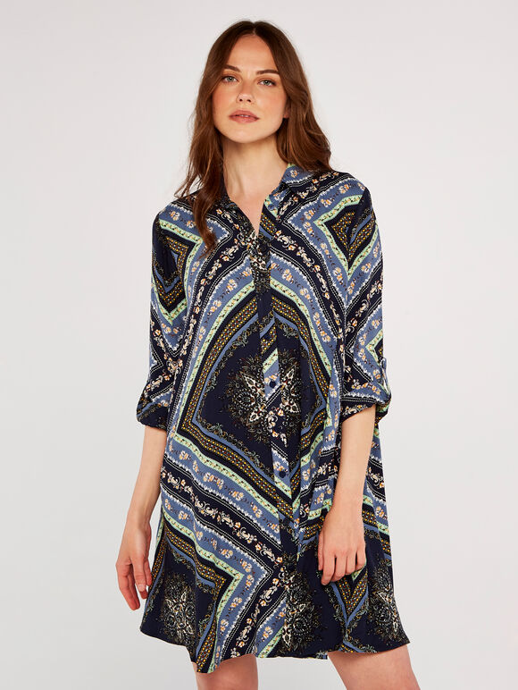 Scarf Print Shirt Dress, Navy, large