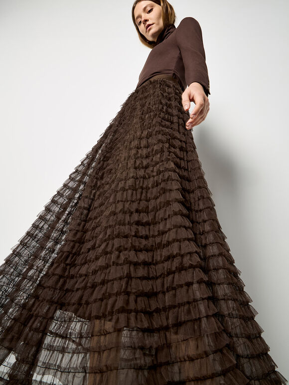 Ruffle Tiered Tulle Maxi Skirt, Brown, large