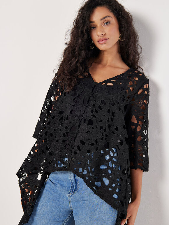 Guipure Lace High-Low Cardigan, Black, large