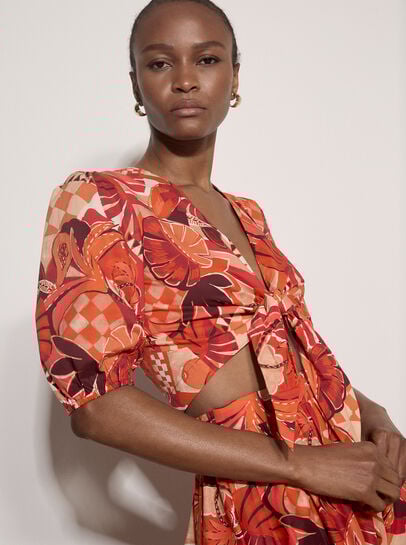 Tropical Leaf Patchwork Tie Front Top