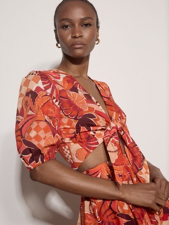 Tropical Leaf Patchwork Tie Front Top, Red, large