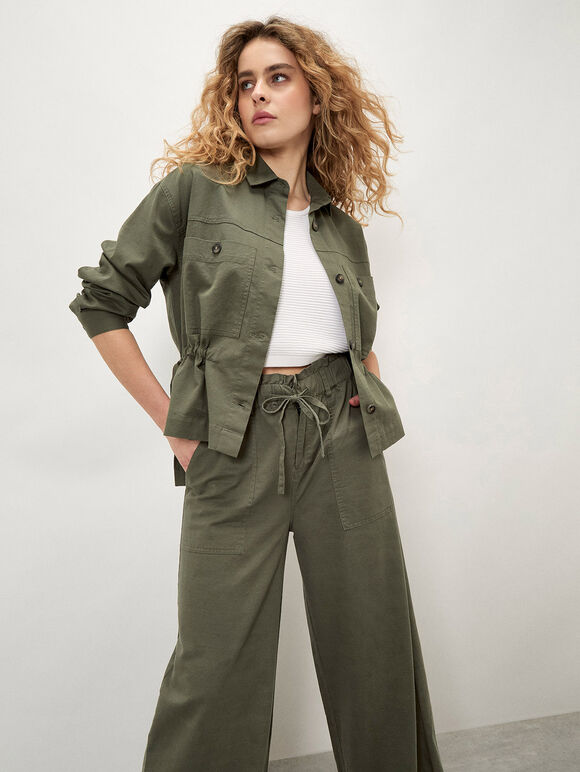 Paper Bag Waist Wide Leg Trousers, Khaki, large