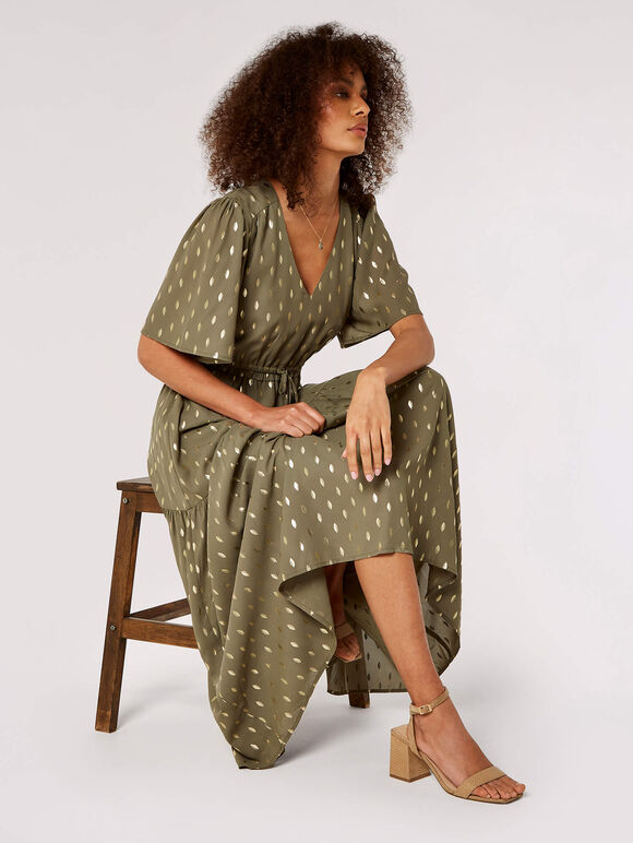 Gold Foil Tier Maxi Dress, Khaki, large