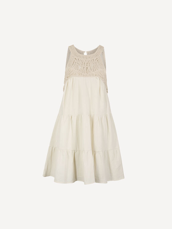 Crochet Bodice Tiered Mini Dress, Stone, large