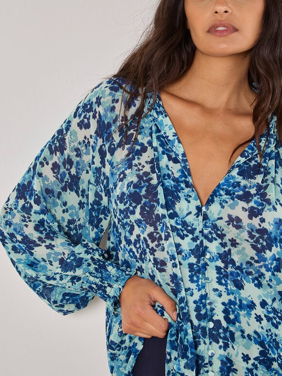 Blurred Floral Chiffon Blouse, Aqua - Turquoise, large