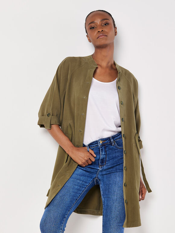 Drawstring Shirt Mini Dress, Khaki, large