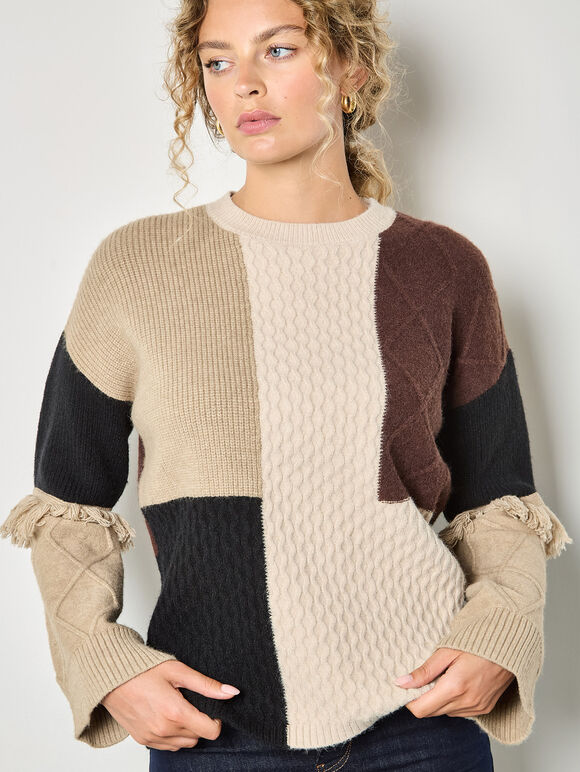 Mixed Cable Knit Patchwork Jumper, Brown, large