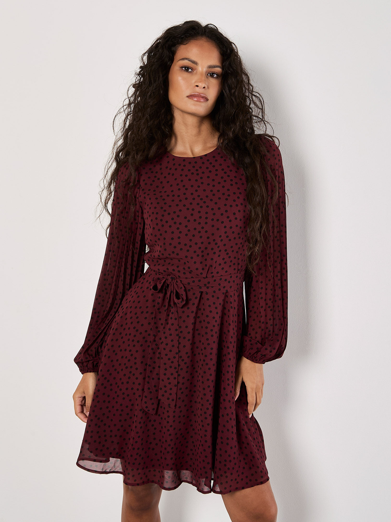 Chiffon Polka Dot Mini Dress Apricot Clothing