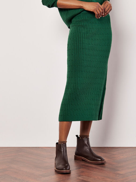 Fine Knit Cable Midi Skirt, Green, large