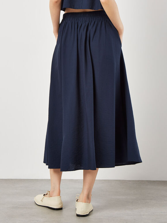 Slub Pleat A-Line Midi Skirt, Navy, large