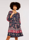 Folk Border Mini Dress, Navy, large