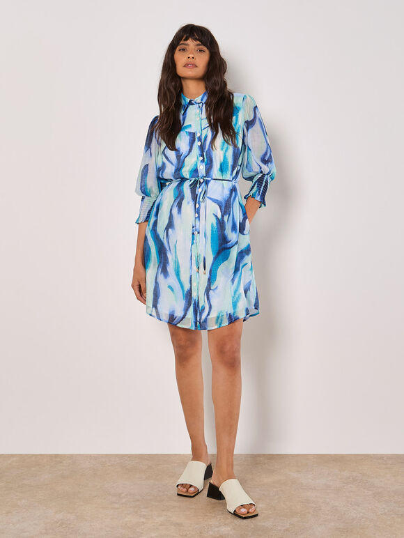 Painterly Swirls Shirt Mini Dress, Blue, large