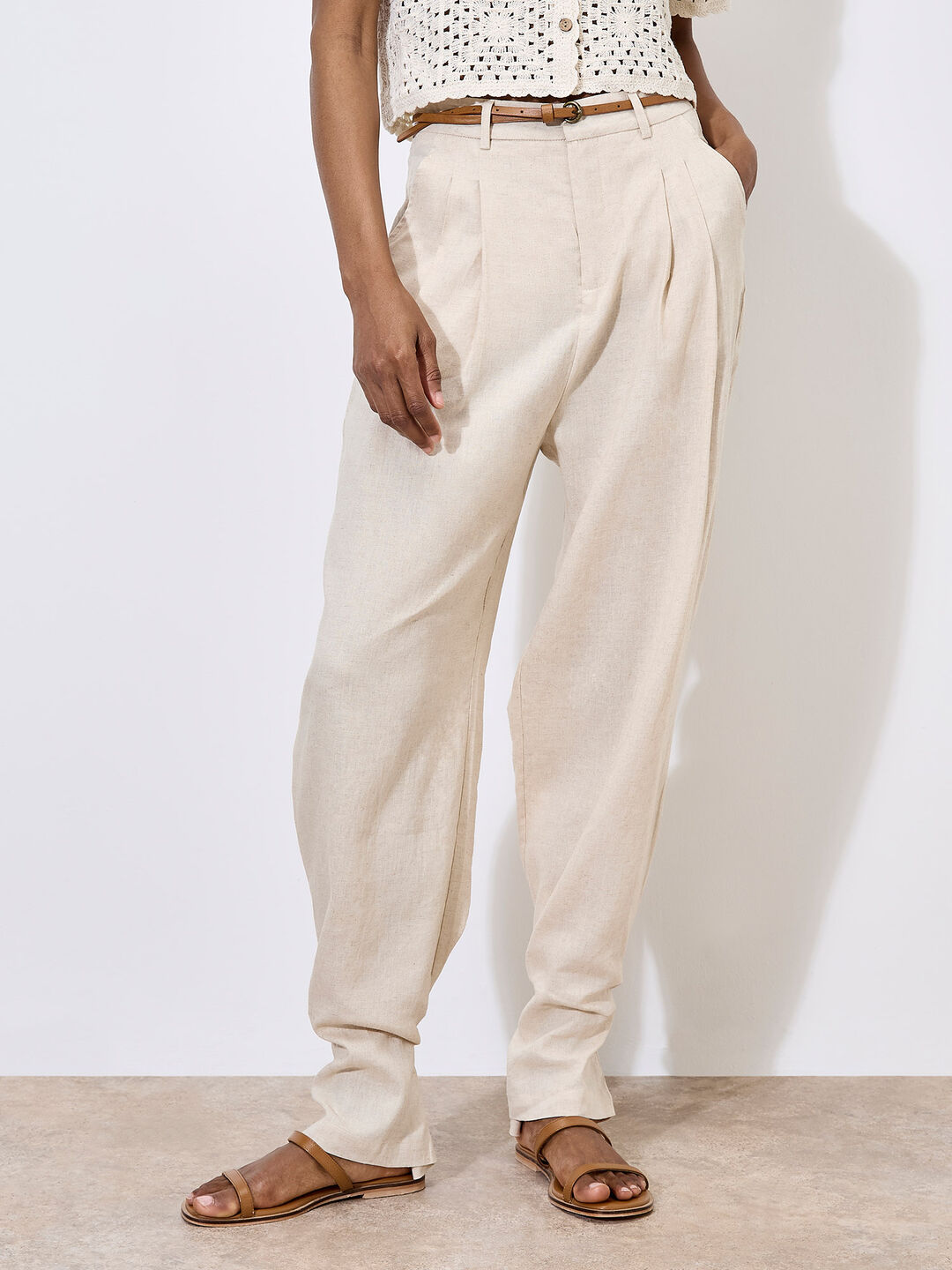 Image of Linen Blend Cinch Hem Trousers