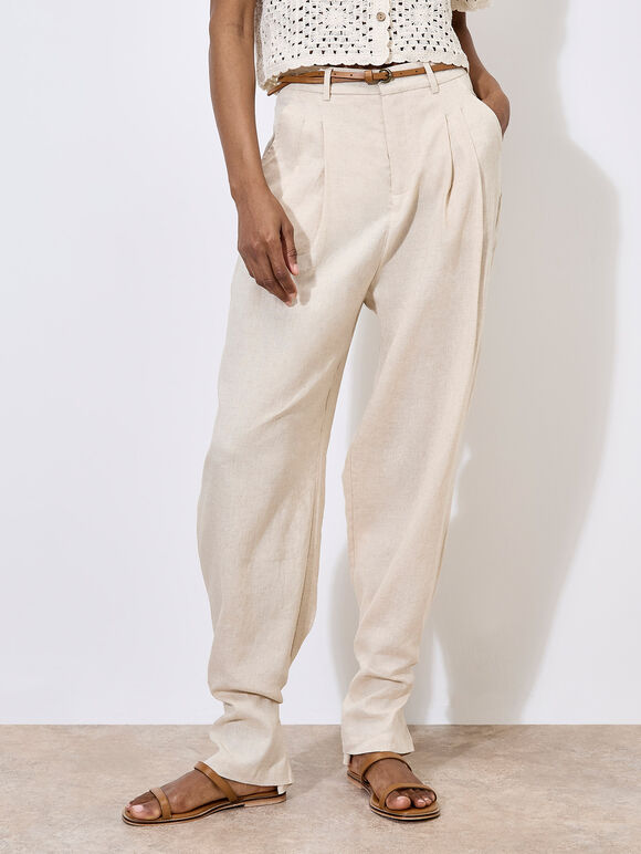 Linen Blend Cinch Hem Trousers, Cream, large
