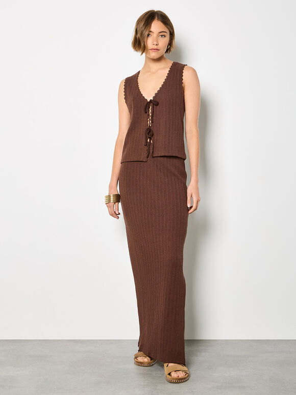 Pointelle Knit Column Maxi Skirt, Brown, large