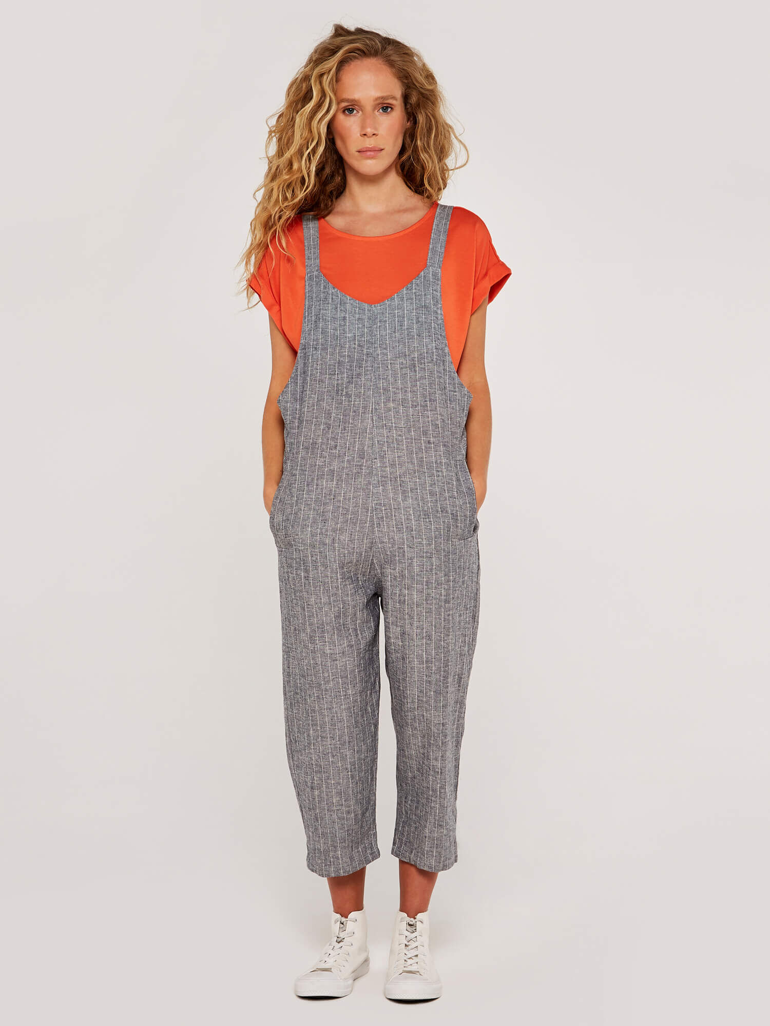Pinstripe Tie Shoulder Jumpsuit Apricot Clothing