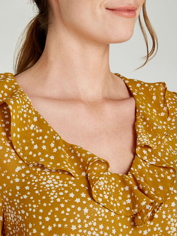 Star Print Ruffle Detail Blouse, Mustard, large