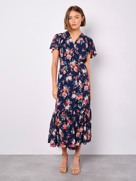 Painterly Roses Wrap Maxi Dress, Navy, large