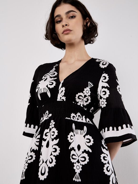 Floral Baroque Smocked Mini Dress, Black, large