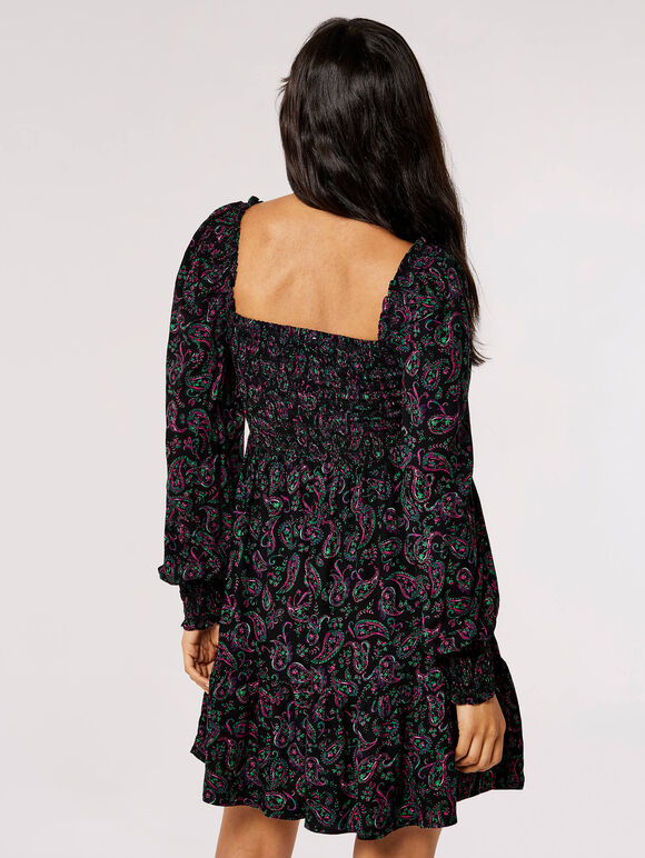Paisley Milkmaid Mini Dress, Black, large