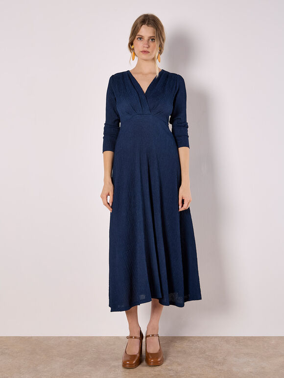 V-Neck Textured Midi Dress, Navy, large