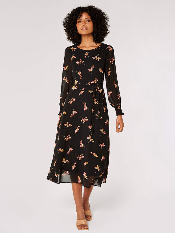 Floral Midi Dress, Black, large