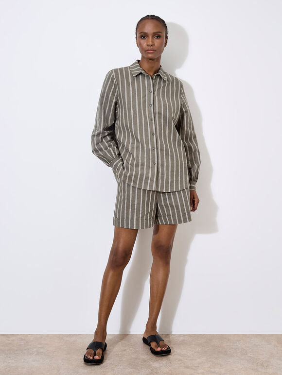 Striped Linen Shirt, Khaki, large