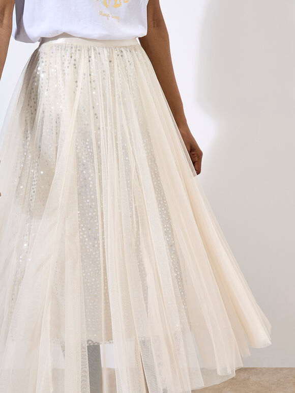 Sequin Tulle Midaxi Skirt, Stone, large