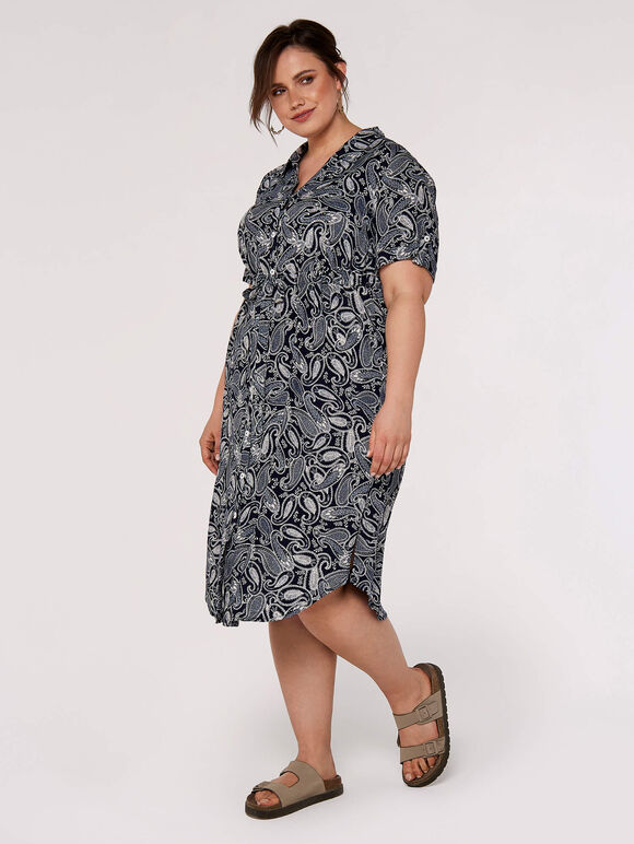 Curve Paisley Shirt Midi Dress, Navy, large