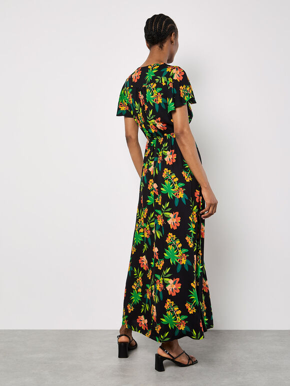 Tropical Print Wrap Maxi Dress, Black, large