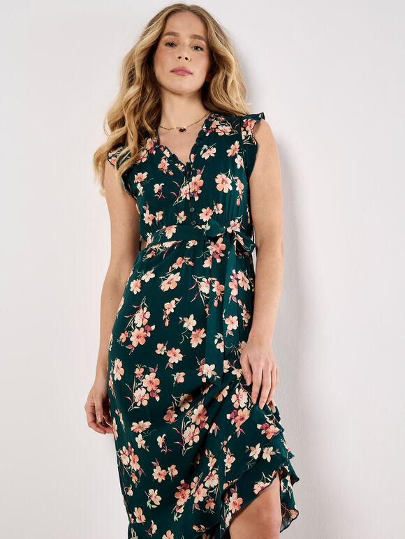 Painterly Floral Midi Dress, Green, large