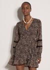 Leopard Print Chiffon Wrap Mini Dress, Brown, large