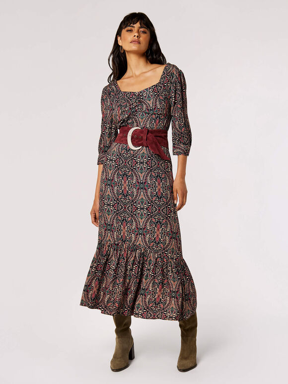 Paisley Print Midi Dress, Black, large