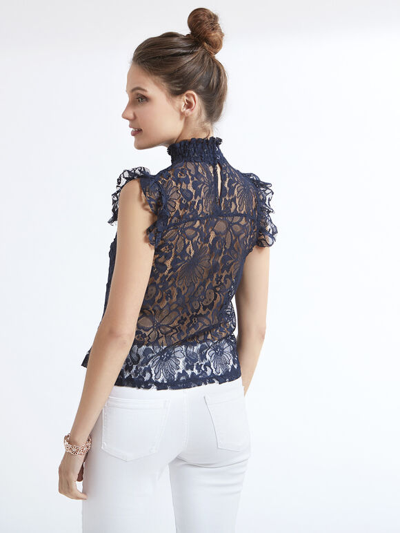 High Neck Ruffle Detail Lace Blouse, Navy, large