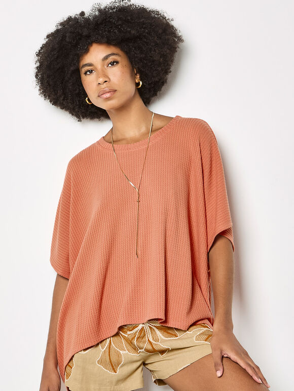 Waffle Knit Tunic Top, Coral, large