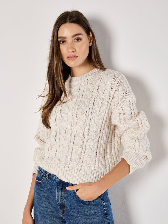 Pearl Embellished Cable Knit Jumper, Cream, large