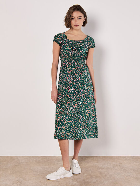 Garden Floral Milkmaid Midi Dress, Coral, large