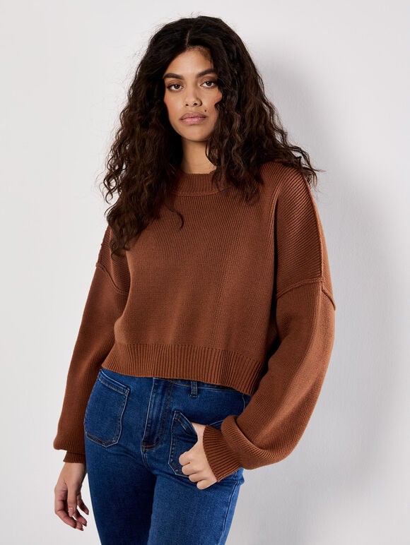Ribbed Knit Cropped Jumper, Rust, large