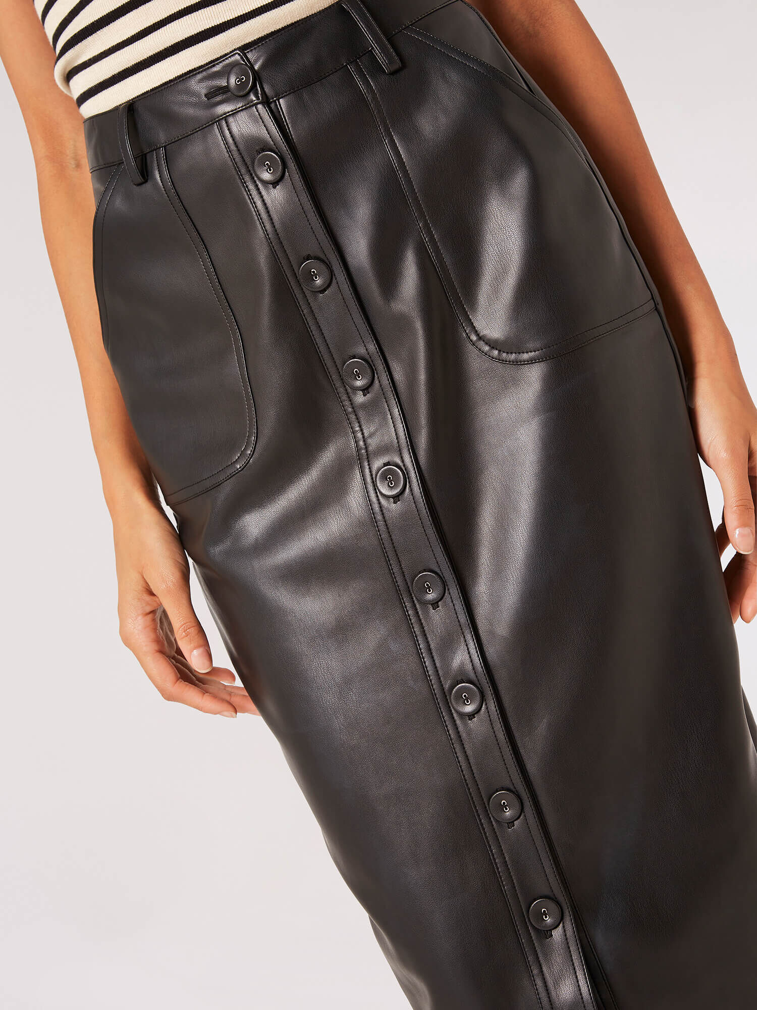 Button Down Leather Look Midi Skirt Apricot Clothing
