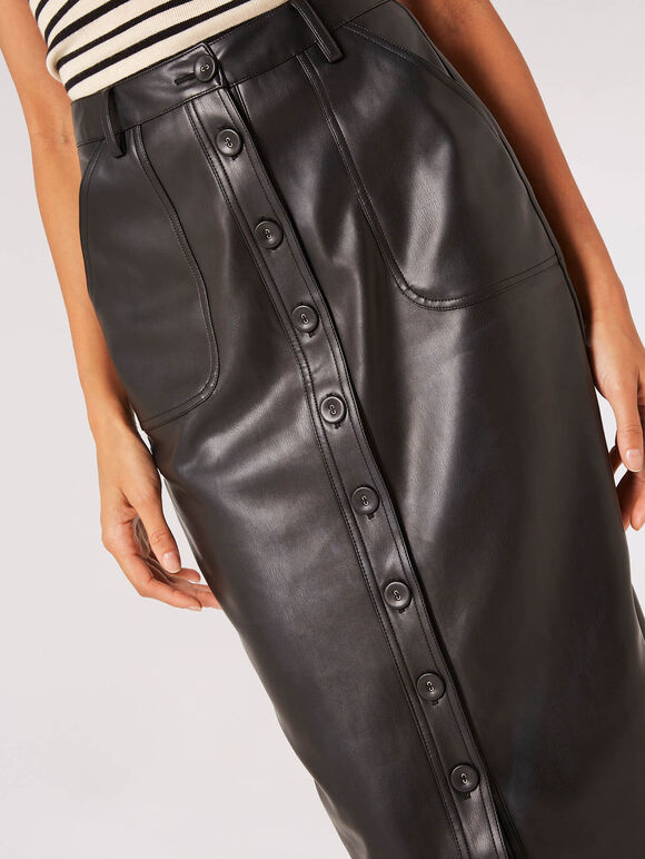 Button Down Faux Leather Midi Skirt, Black, large