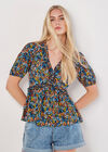 Watercolour Floral Ruffle Top, Navy, large