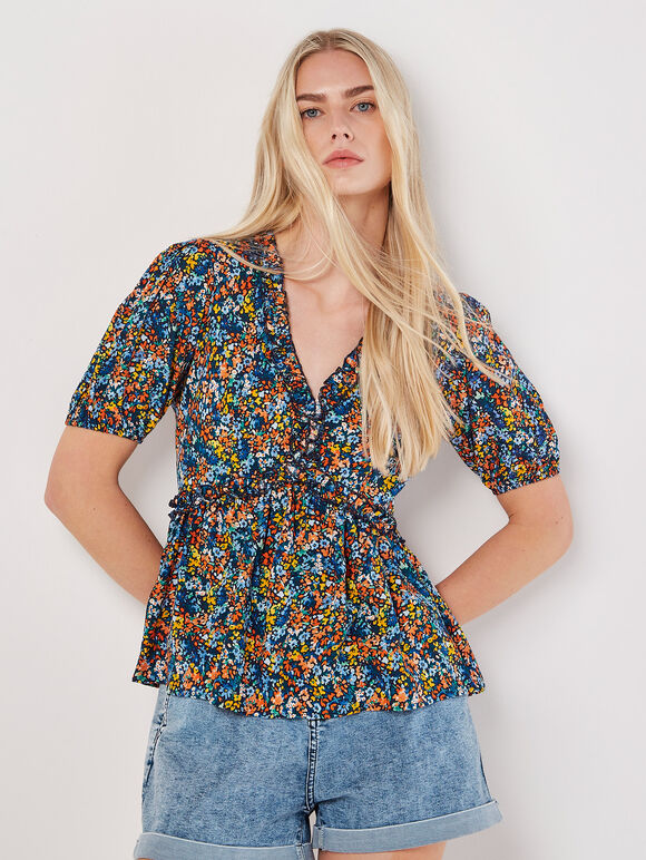 Watercolour Floral Ruffle Top, Navy, large